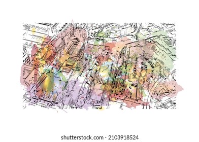 Building view with landmark of Louvain la Neuve is a planned village in the municipality of Ottignies. Watercolor splash with hand drawn sketch illustration in vector.