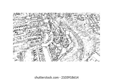 Building view with landmark of Louvain la Neuve is a planned village in the municipality of Ottignies. Hand drawn sketch illustration in vector.