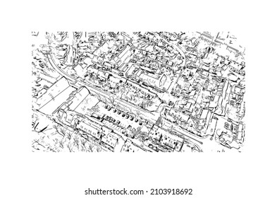 Building view with landmark of Louvain la Neuve is a planned village in the municipality of Ottignies. Hand drawn sketch illustration in vector.