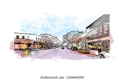 Building view with landmark of Lowell is a city in Massachusetts. Watercolor splash with hand drawn sketch illustration in vector.