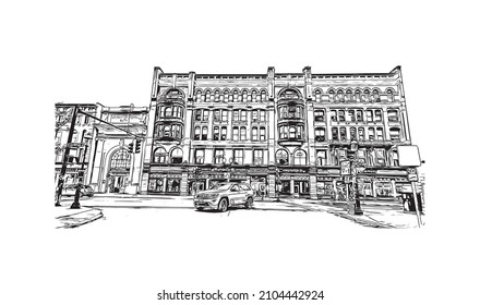 Building view with landmark of Lowell is a city in Massachusetts. Hand drawn sketch illustration in vector.
