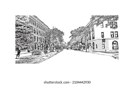 Building view with landmark of Lowell is a city in Massachusetts. Hand drawn sketch illustration in vector.