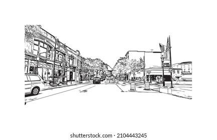 Building view with landmark of Lowell is a city in Massachusetts. Hand drawn sketch illustration in vector.