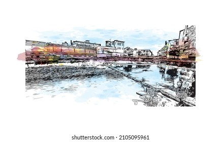 Building view with landmark of Lowell is a city in Massachusetts. Watercolor splash with hand drawn sketch illustration in vector.