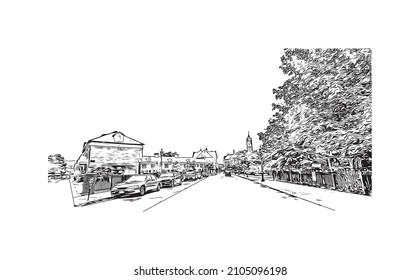 Building view with landmark of Lowell is a city in Massachusetts. Hand drawn sketch illustration in vector.