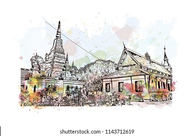 Building view with landmark of Luang Prabang, the ancient capital of Luang Prabang Province in northern Laos. Watercolor splash with Hand drawn sketch illustration in vector.