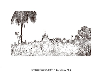 Building view with landmark of Luang Prabang, the ancient capital of Luang Prabang Province in northern Laos. Hand drawn sketch illustration in vector.