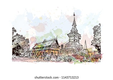 Building view with landmark of Luang Prabang, the ancient capital of Luang Prabang Province in northern Laos. Watercolor splash with Hand drawn sketch illustration in vector.