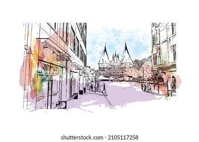 Building view with landmark of Lubeck is the 
city in Germany. Watercolor splash with hand drawn sketch illustration in vector.