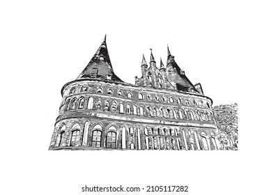 Building view with landmark of Lubeck is the 
city in Germany. Hand drawn sketch illustration in vector.