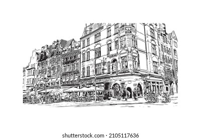 Building view with landmark of Lubeck is the 
city in Germany. Hand drawn sketch illustration in vector.
