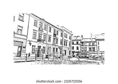Building view with landmark of Lublin is the 
city in Poland. Hand drawn sketch illustration in vector.