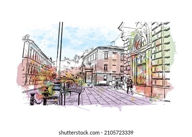 Building view with landmark of Lublin is the 
city in Poland. Watercolor splash with hand drawn sketch illustration in vector.