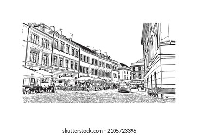 Building view with landmark of Lublin is the 
city in Poland. Hand drawn sketch illustration in vector.