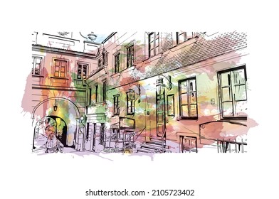 La vista de edificio con un punto de referencia de Lublin es la 
ciudad de Polonia. Salto de color de agua con ilustración de esbozo dibujada a mano en vector.