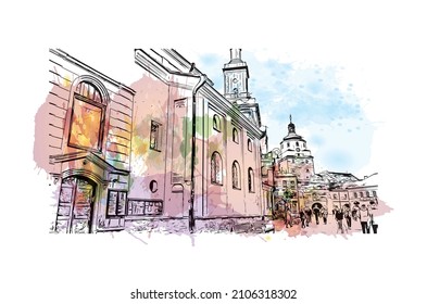 Building view with landmark of Lublin is the 
city in Poland. Watercolor splash with hand drawn sketch illustration in vector.