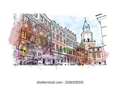Building view with landmark of Lublin is the 
city in Poland. Watercolor splash with hand drawn sketch illustration in vector.