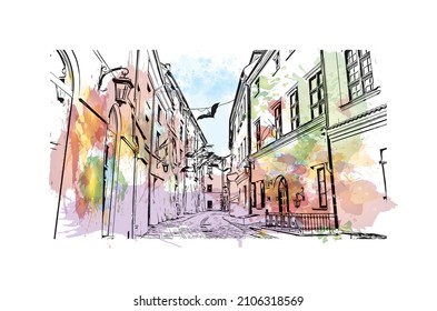 Building view with landmark of Lublin is the 
city in Poland. Watercolor splash with hand drawn sketch illustration in vector.