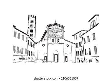 Building view with landmark of Lucca is the 
city in Italy. Hand drawn sketch illustration in vector.