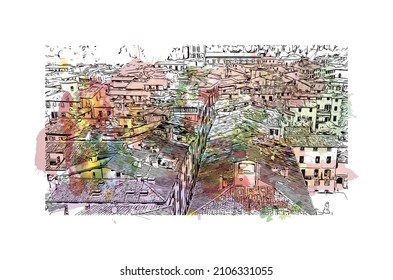 Building view with landmark of Lucca is the 
city in Italy. Watercolor splash with hand drawn sketch illustration in vector.