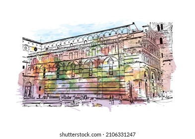 Building view with landmark of Lucca is the 
city in Italy. Watercolor splash with hand drawn sketch illustration in vector.