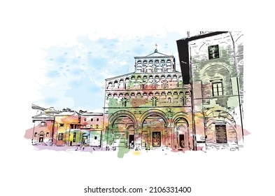 Building view with landmark of Lucca is the 
city in Italy. Watercolor splash with hand drawn sketch illustration in vector.