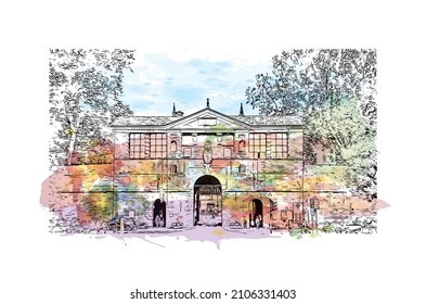Building view with landmark of Lucca is the 
city in Italy. Watercolor splash with hand drawn sketch illustration in vector.