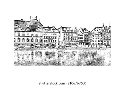 Building view with landmark of Lucerne is the 
city in Switzerland. Hand drawn sketch illustration in vector.