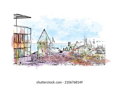 Bausicht mit Wahrzeichen Luzerns ist der 
Stadt in der Schweiz. Aquarellspritzer mit handgezeichneter Skizzengrafik in Vektorgrafik.