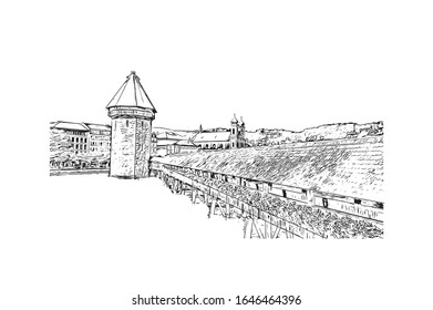 Building view with landmark of Lucerne, a compact city in Switzerland known for its preserved medieval architecture. Hand drawn sketch illustration in vector.