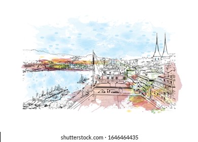 Building view with landmark of Lucerne, a compact city in Switzerland known for its preserved medieval architecture. Watercolor splash with Hand drawn sketch illustration in vector.