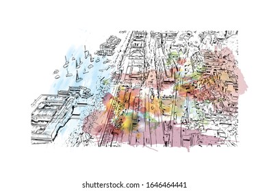 Building view with landmark of Lucerne, a compact city in Switzerland known for its preserved medieval architecture. Watercolor splash with Hand drawn sketch illustration in vector.