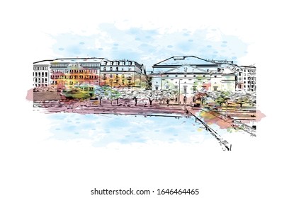 Building view with landmark of Lucerne, a compact city in Switzerland known for its preserved medieval architecture. Watercolor splash with Hand drawn sketch illustration in vector.