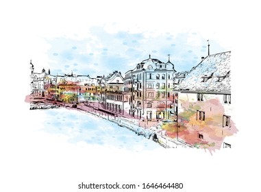 Building view with landmark of Lucerne, a compact city in Switzerland known for its preserved medieval architecture. Watercolor splash with Hand drawn sketch illustration in vector.