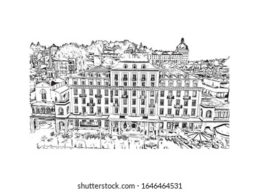 Building view with landmark of Lucerne, a compact city in Switzerland known for its preserved medieval architecture. Hand drawn sketch illustration in vector.