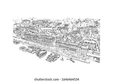 Building view with landmark of Lucerne, a compact city in Switzerland known for its preserved medieval architecture. Hand drawn sketch illustration in vector.