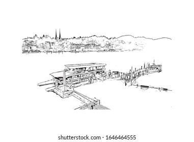 Building view with landmark of Lucerne, a compact city in Switzerland known for its preserved medieval architecture. Hand drawn sketch illustration in vector.