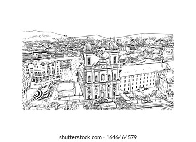 Building view with landmark of Lucerne, a compact city in Switzerland known for its preserved medieval architecture. Hand drawn sketch illustration in vector.