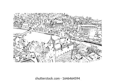 Building view with landmark of Lucerne, a compact city in Switzerland known for its preserved medieval architecture. Hand drawn sketch illustration in vector.