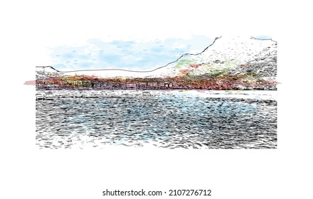Building view with landmark of Lugano is a city in southern Switzerland. Watercolor splash with hand drawn sketch illustration in vector.