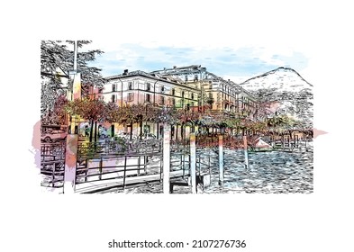 Building view with landmark of Lugano is a city in southern Switzerland. Watercolor splash with hand drawn sketch illustration in vector.