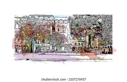 Building view with landmark of Lugano is a city in southern Switzerland. Watercolor splash with hand drawn sketch illustration in vector.