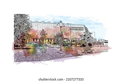 Building view with landmark of Lugano is a city in southern Switzerland. Watercolor splash with hand drawn sketch illustration in vector.