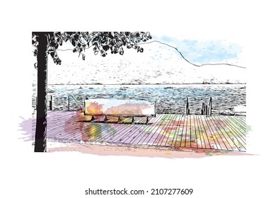 Building view with landmark of Lugano is a city in southern Switzerland. Watercolor splash with hand drawn sketch illustration in vector.