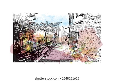 Building view with landmark of Lugano is a town and a municipality in southern Switzerland in the Italian-speaking canton of Ticino bordering Italy. watercolor splash sketch illustration in vector.