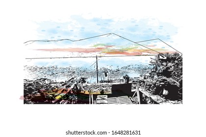 Building view with landmark of Lugano is a town and a municipality in southern Switzerland in the Italian-speaking canton of Ticino bordering Italy. watercolor splash sketch illustration in vector.