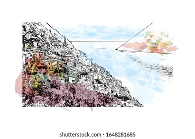 Building view with landmark of Lugano is a town and a municipality in southern Switzerland in the Italian-speaking canton of Ticino bordering Italy. watercolor splash sketch illustration in vector.
