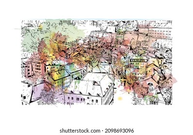 Building view with landmark of Luxembourg is the 
country in Europe. Watercolor splash with hand drawn sketch illustration in vector.