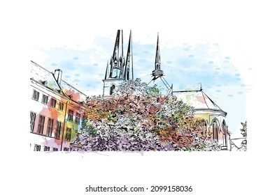 Building view with landmark of Luxembourg is the 
country in Europe. Watercolor splash with hand drawn sketch illustration in vector.