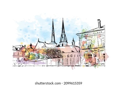 Building view with landmark of Luxembourg is the 
country in Europe. Watercolor splash with hand drawn sketch illustration in vector.